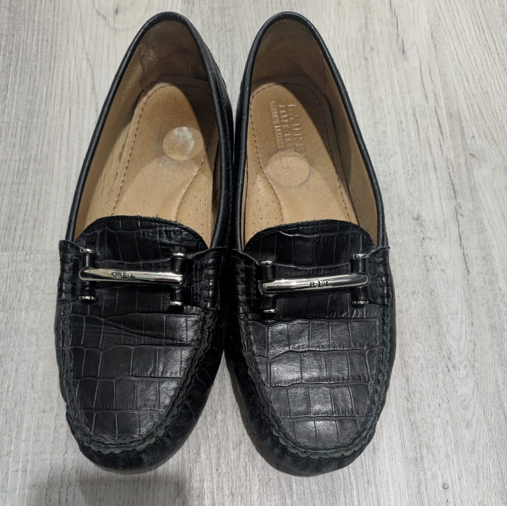 Ralph Lauren Black Croc-Embossed Leather Loafers with Silver Hardware
